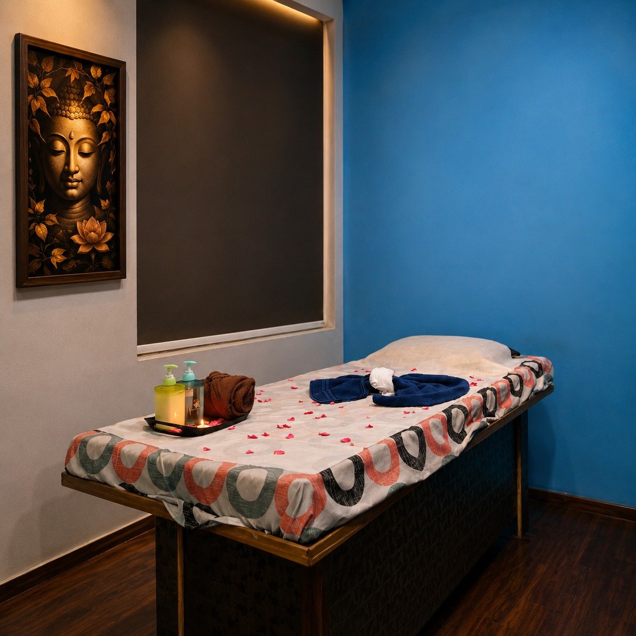 Massage bed, treatment room